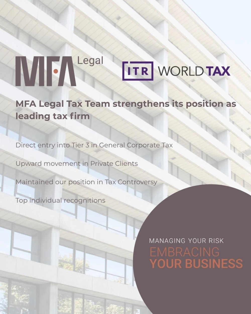 MFA Legal Tax team strengthens its position as leading tax firm in ITR World Tax 2026 Rankings 